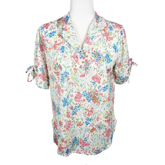 Vintage Just Oscar Blouse Women Large White Pink Floral All Over Print S/S Top - Picture 1 of 13